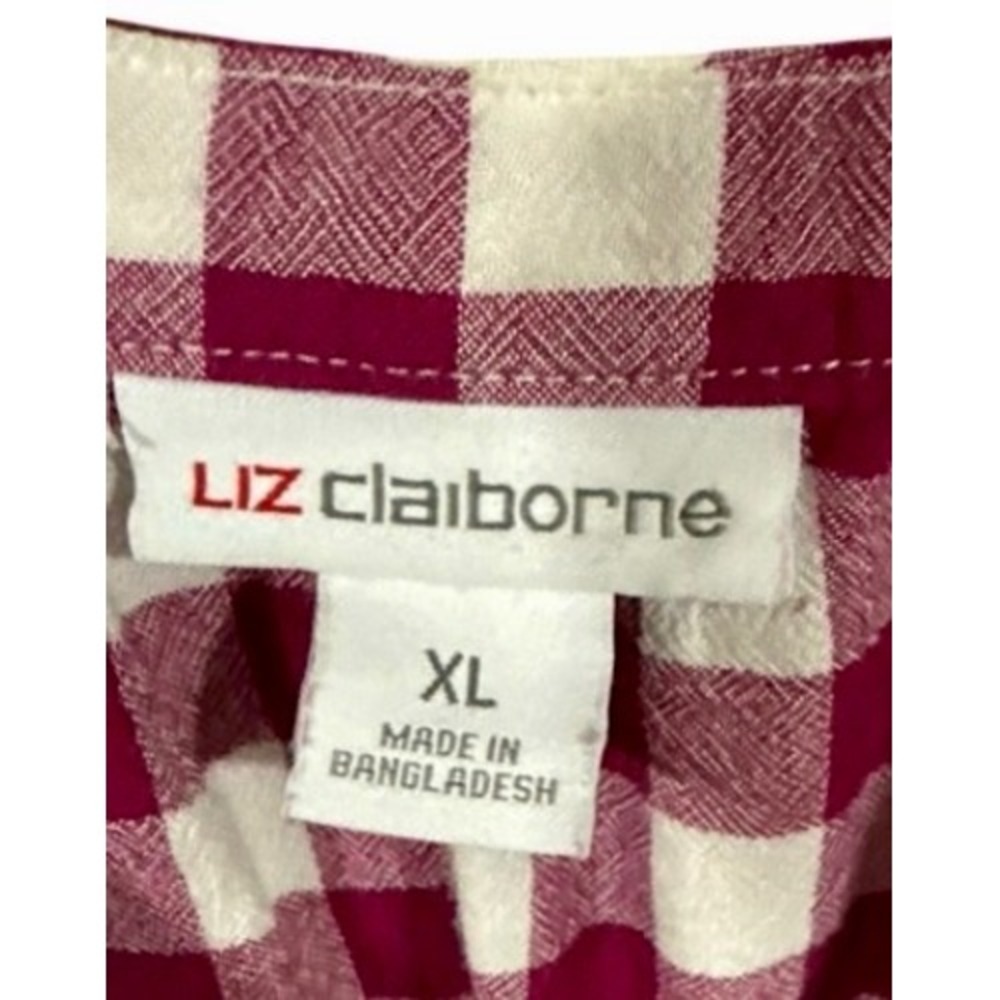 Liz Claiborne Blouse Womens ExLarge Burgundy Gingham Rayon V Neck Preppy - Picture 4 of 12